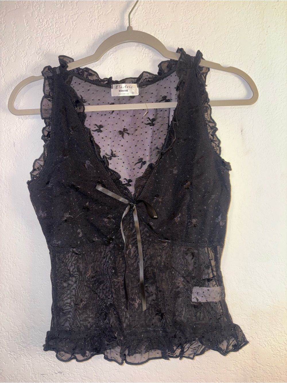 Electric Family Black Sheer Lace Ruffled Tie-Front Camisole
